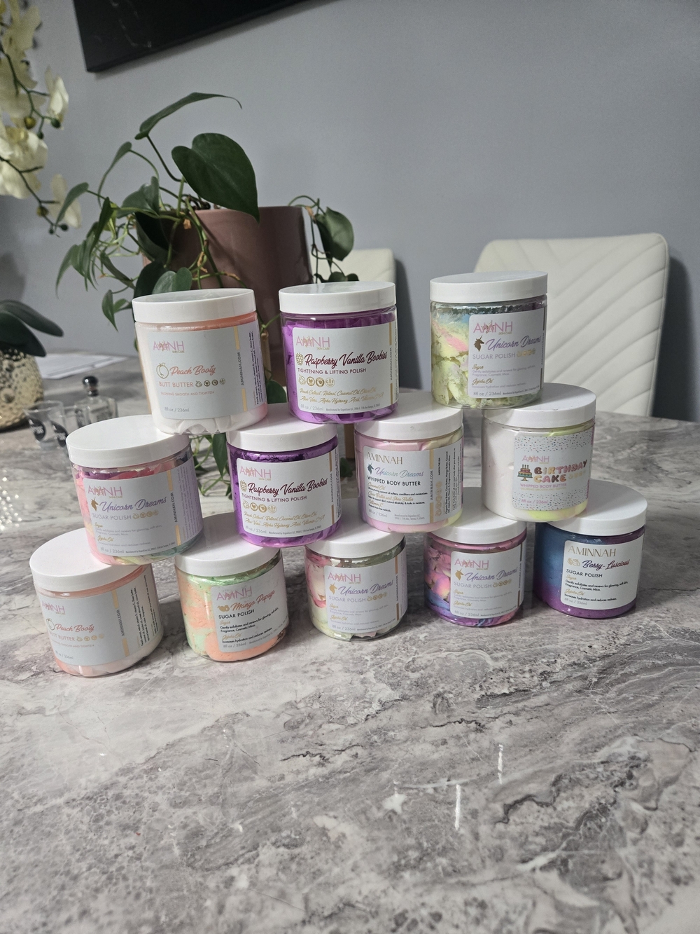 SET OF TWELVE AMYNAH Assorted Body Butters & Sugar Scrubs - Pastel Rainbow